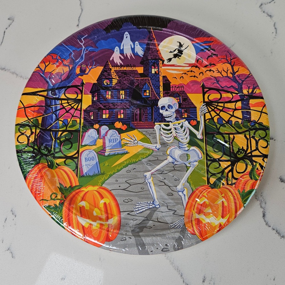 VTG Y2K Halloween Paper Plates Haunted House Skeleton Pumpkins 10.5 Inch NWT
